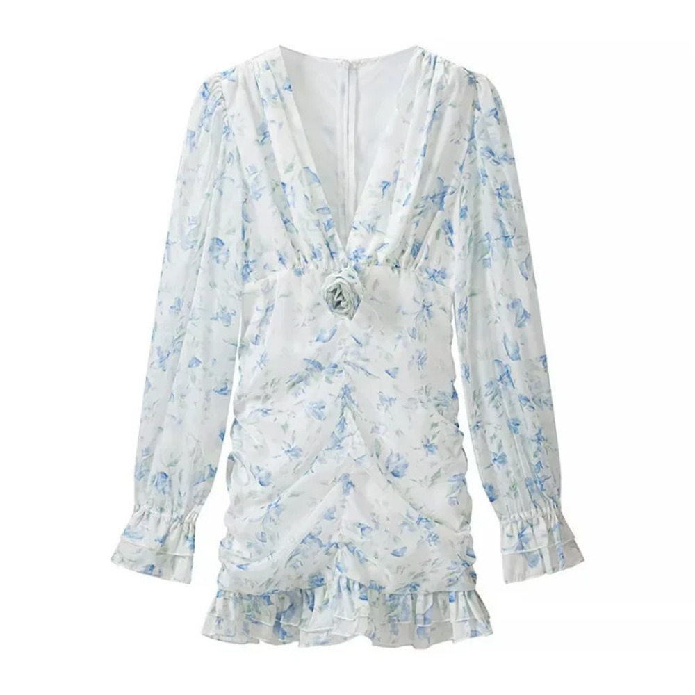 ZARA Fashion French Deep V Neck Floral Print Bodycon Mini Dress